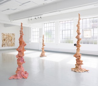 Oriri , Dyed nylon fabric, porcelain, tied,
200 x 80 x 90 cm, 240 x 70 x 70 cm, 180 x 80 x 80 cm, 2022 , Photo: Thor Brødreskift