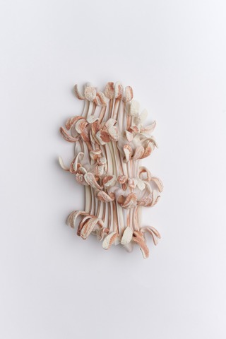 Untitled, 2023, 
Textile, handshaped porcelain elements,
18 x 10 x 4 cm, Photo: Helge Hansen

